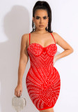 Women Summer Red Sexy Strap Sleeveless Solid Diamonds Mini Pencil Club Dress