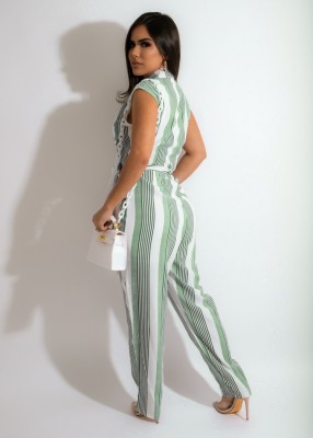 Women Summer Green Casual Turn-down Collar Short Sleeves Striped Print Belted Full Length Regular Jumpsuit