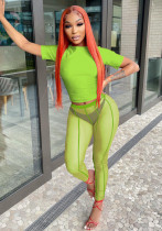 Women Summer Green Sexy O-Neck Short Sleeves High Waist Solid Mesh Skinny Two Piece Pants Set