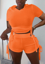Women Summer Orange Hooded Short Sleeves High Waist Solid Tight Short Sweatsuit