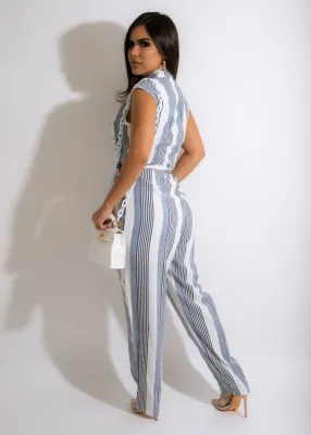 Women Summer Blue Casual Turn-down Collar Short Sleeves Striped Print Belted Full Length Regular Jumpsuit