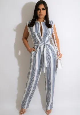 Women Summer Blue Casual Turn-down Collar Short Sleeves Striped Print Belted Full Length Regular Jumpsuit
