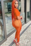 Women Summer Orange Sexy O-Neck Short Sleeves High Waist Solid Mesh Skinny Two Piece Pants Set