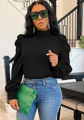 Women Autumn Black Modest Stand Collar Puff Sleeve Solid Lace Up Regular Shirt