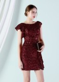 Women Summer Burgunry Modest O-Neck Short Sleeves Solid Sequined Mini Pencil Club Dress