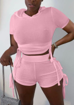 Women Summer Pink Hooded Short Sleeves High Waist Solid Tight Short Sweatsuit