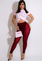 Women Summer Burgunry Casual O-Neck Short Sleeves High Waist Printed Skinny Two Piece Pants Set