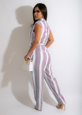 Women Summer Purple Casual Turn-down Collar Short Sleeves Striped Print Belted Full Length Regular Jumpsuit