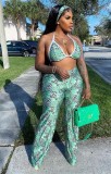 Women Summer Green Sexy Strap Sleeveless High Waist Printed Regular Plus Size Two Piece Pants Set