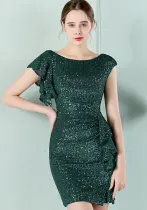 Women Summer Green Modest O-Neck Short Sleeves Solid Cascading Ruffle Mini Pencil Club Dress