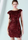 Women Summer Burgunry Modest O-Neck Short Sleeves Solid Sequined Mini Pencil Club Dress