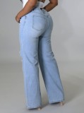 Women Summer Blue Straight High Waist Zipper Fly Solid Hollow Out Full Length Regular Jeans Pants