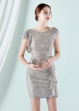 Women Summer Silver Modest O-Neck Short Sleeves Solid Cascading Ruffle Mini Pencil Club Dress