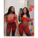 Women Summer Red Sexy Strap Sleeveless High Waist Solid Mesh Skinny Two Piece Shorts Set