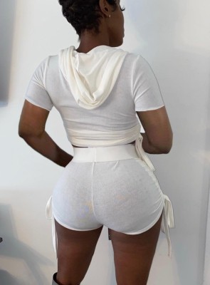 Women Summer White Hooded Short Sleeves High Waist Solid Tight Short Sweatsuit