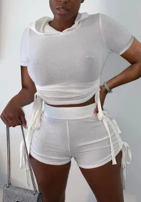 Women Summer White Hooded Short Sleeves High Waist Solid Tight Short Sweatsuit