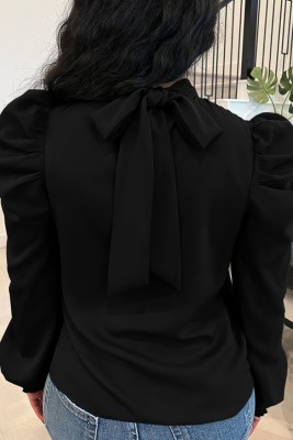 Women Autumn Black Modest Stand Collar Puff Sleeve Solid Lace Up Regular Shirt