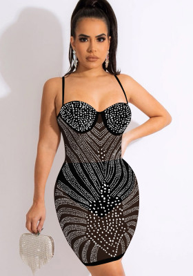 Women Summer Black Sexy Strap Sleeveless Solid Diamonds Mini Pencil Club Dress