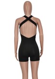 Women Summer Black Sexy Halter Sleeveless Solid Lace Up Above Knee Regular Rompers