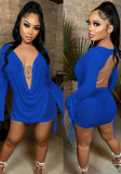 Women Summer Blue Sexy V-neck Full Sleeves High Waist Solid Mesh Regular MiniTwo Piece Skirt Set