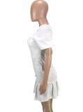 Women Summer White Cute Square Collar Puff Sleeve Solid Pleated Mini Sheath Club Dress