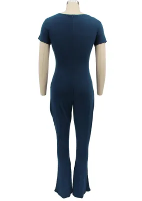 Women Summer Dark blue Casual V-neck Short Sleeves Solid Full Length Regular Jumpsuit