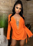 Women Summer Orange Sexy V-neck Full Sleeves High Waist Solid Mesh Regular MiniTwo Piece Skirt Set