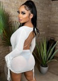 Women Summer White Sexy V-neck Full Sleeves High Waist Solid Mesh Regular MiniTwo Piece Skirt Set