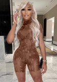 Women Summer Brown Casual Turtleneck Short Sleeves Solid Hollow Out Above Knee Regular Rompers