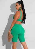 Women Summer Green Casual V-neck Sleeveless High Waist Solid Skinny Two Piece Shorts Set