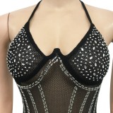 Women Summer Black Sexy Halter Sleeveless Diamonds Mini Backless Club Dress