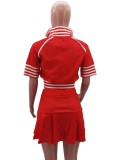 Women Summer Red Turn-down Collar Short Sleeves High Waist Letter Print Loose Short Sweatsuit