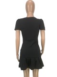 Women Summer Black Cute Square Collar Puff Sleeve Solid Pleated Mini Sheath Club Dress