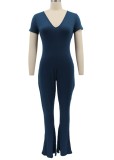 Women Summer Dark blue Casual V-neck Short Sleeves Solid Full Length Regular Jumpsuit