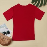 Women Summer Red Casual O-Neck Short Sleeves High Waist Solid Regular Two Piece Pants Set
