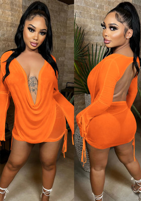 Women Summer Orange Sexy V-neck Full Sleeves High Waist Solid Mesh Regular MiniTwo Piece Skirt Set