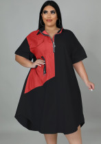 Women Autumn Black Casual Turn-down Collar Half Sleeves Color Blocking Zippers Midi Loose Plus Size Casual Dress