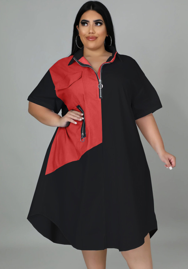 Women Autumn Black Casual Turn-down Collar Half Sleeves Color Blocking Zippers Midi Loose Plus Size Casual Dress