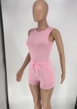 Women Summer Pink Strap Sleeveless High Waist Solid Pockets Loose Short Tracksuit