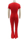 Women Summer Red Casual V-neck Short Sleeves Solid Full Length Regular Jumpsuit