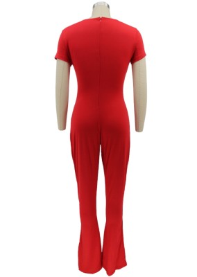 Women Summer Red Casual V-neck Short Sleeves Solid Full Length Regular Jumpsuit