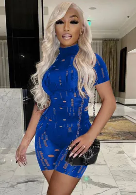 Women Summer Blue Casual Turtleneck Short Sleeves Solid Hollow Out Above Knee Regular Rompers