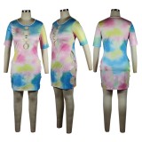 Women Summer Pink Casual O-Neck Half Sleeves Tie Dye Hollow Out Knee-Length Straight Shirt Dress