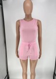 Women Summer Pink Strap Sleeveless High Waist Solid Pockets Loose Short Tracksuit