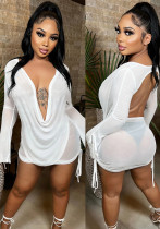 Women Summer White Sexy V-neck Full Sleeves High Waist Solid Mesh Regular MiniTwo Piece Skirt Set