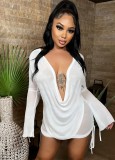 Women Summer White Sexy V-neck Full Sleeves High Waist Solid Mesh Regular MiniTwo Piece Skirt Set