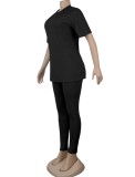Women Summer Black Casual O-Neck Short Sleeves High Waist Solid Regular Two Piece Pants Set