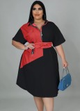 Women Autumn Black Casual Turn-down Collar Half Sleeves Color Blocking Zippers Midi Loose Plus Size Casual Dress