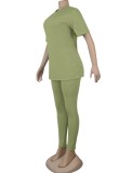 Women Summer Green Casual O-Neck Short Sleeves High Waist Solid Regular Two Piece Pants Set