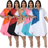 Women Blue Casual Turn-down Collar Half Sleeves Color Blocking Zippers Midi Loose Plus Size Casual Dress